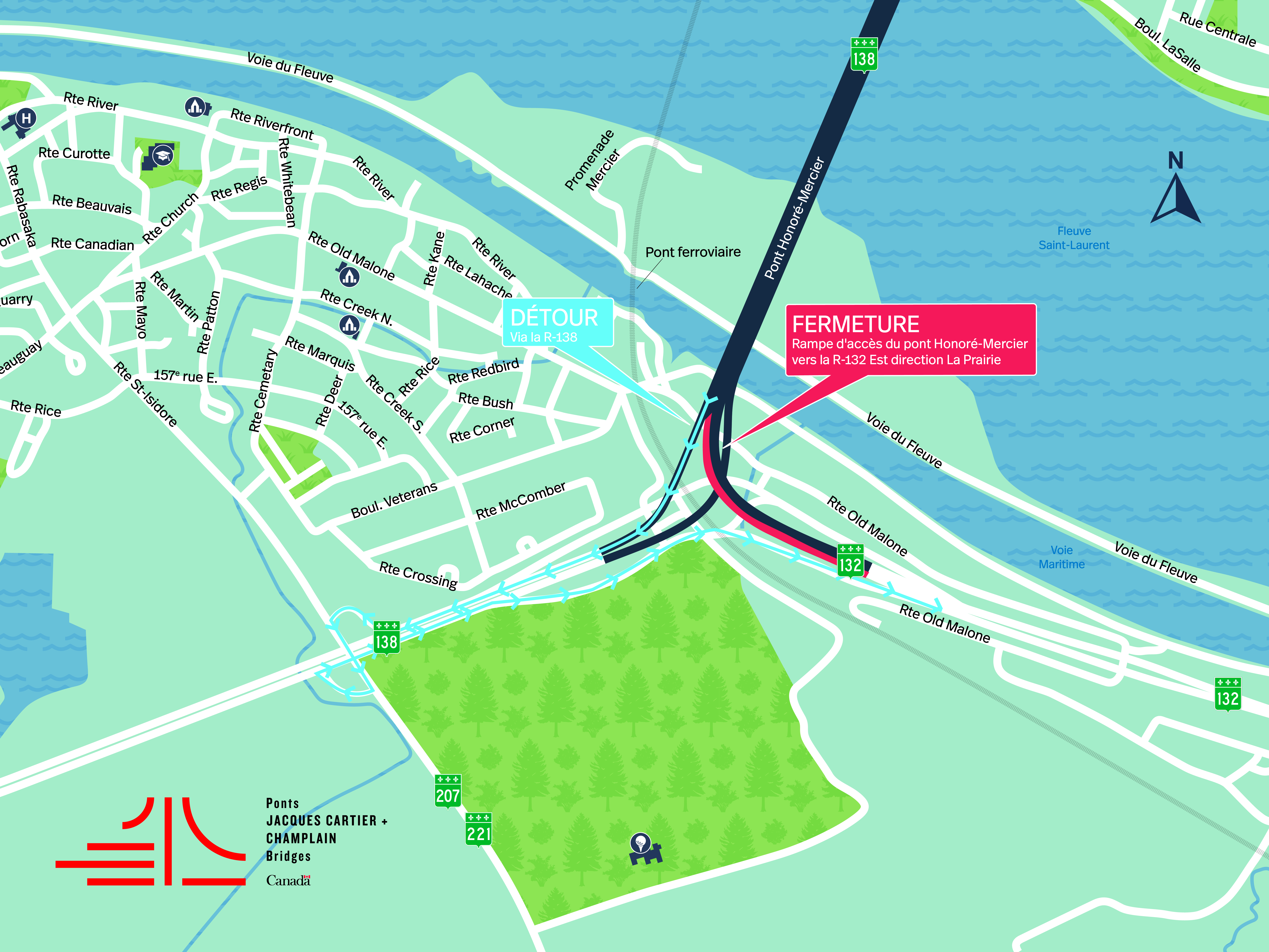 Pont Honoré-Mercier | Fermeture complète de nuit de la rampe d'accès de la R-132 Est, direction La Prairie, le 16 juin