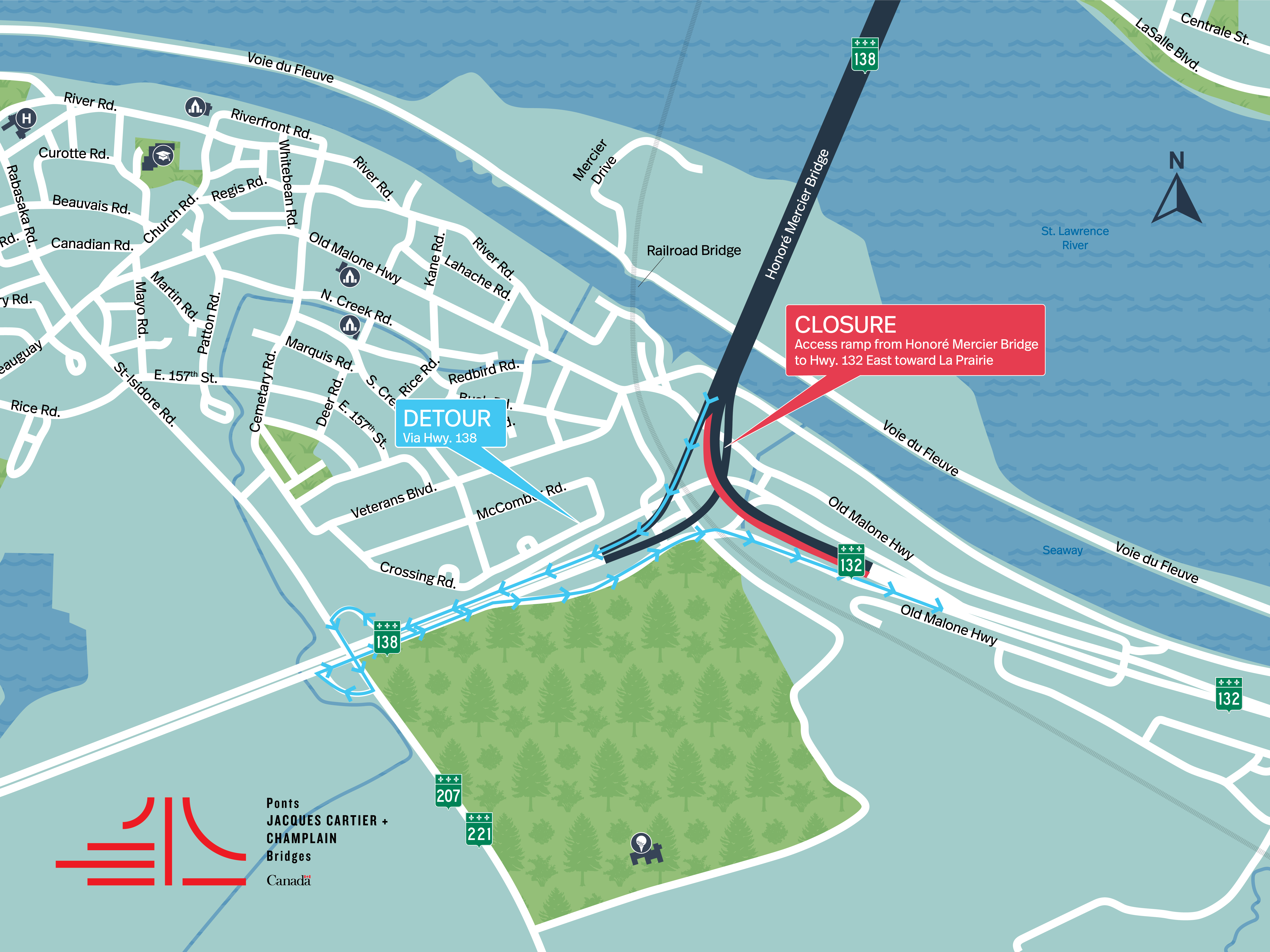 Honoré Mercier Bridge | Complete night closure of the access ramps from the Hwy. 132 East, toward La Prairie, on June 16