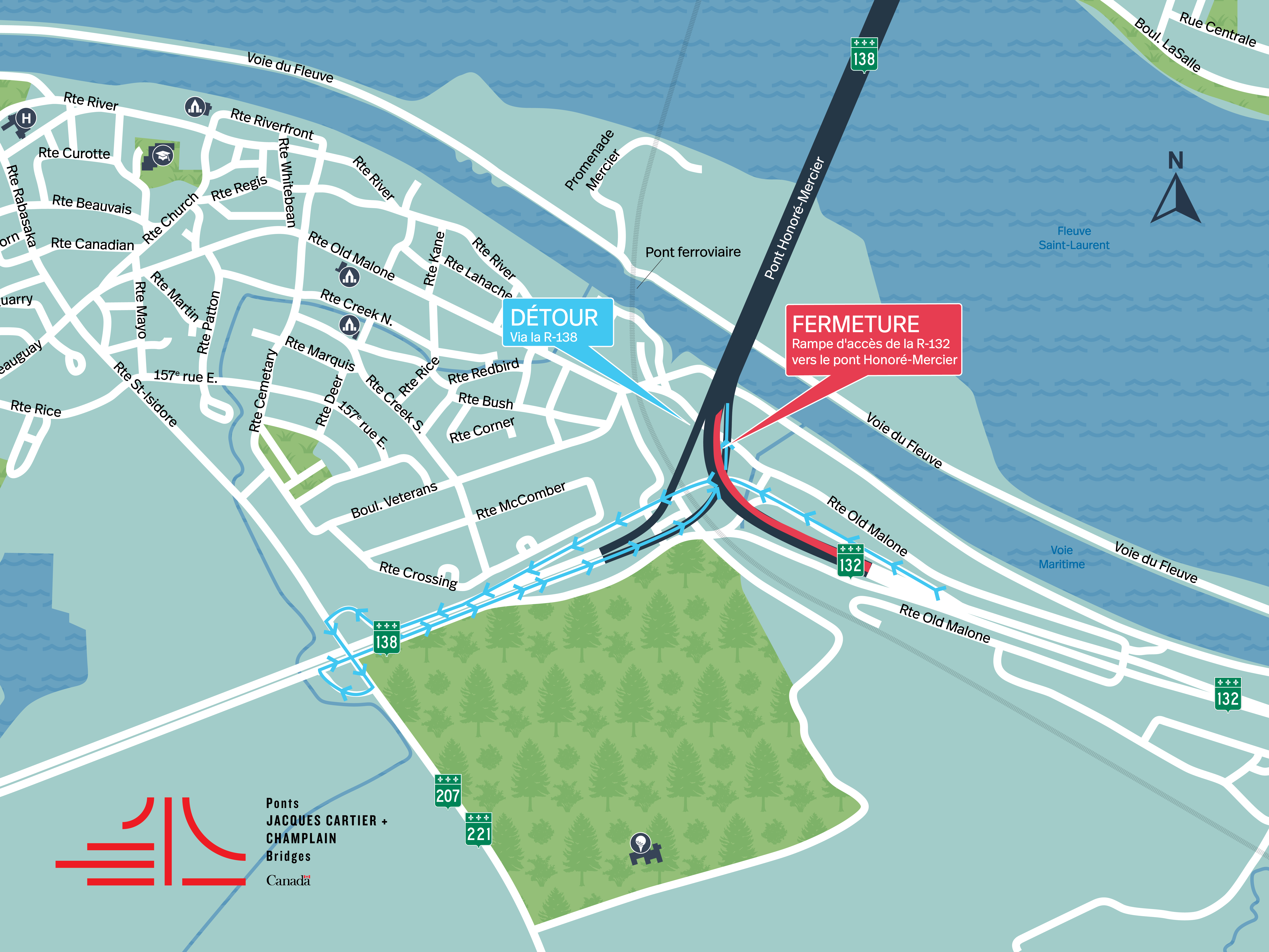 Pont Honoré-Mercier | Fermeture complète de nuit de la rampe d'accès de la R-132 Ouest, direction Montréal, le 15 septembre