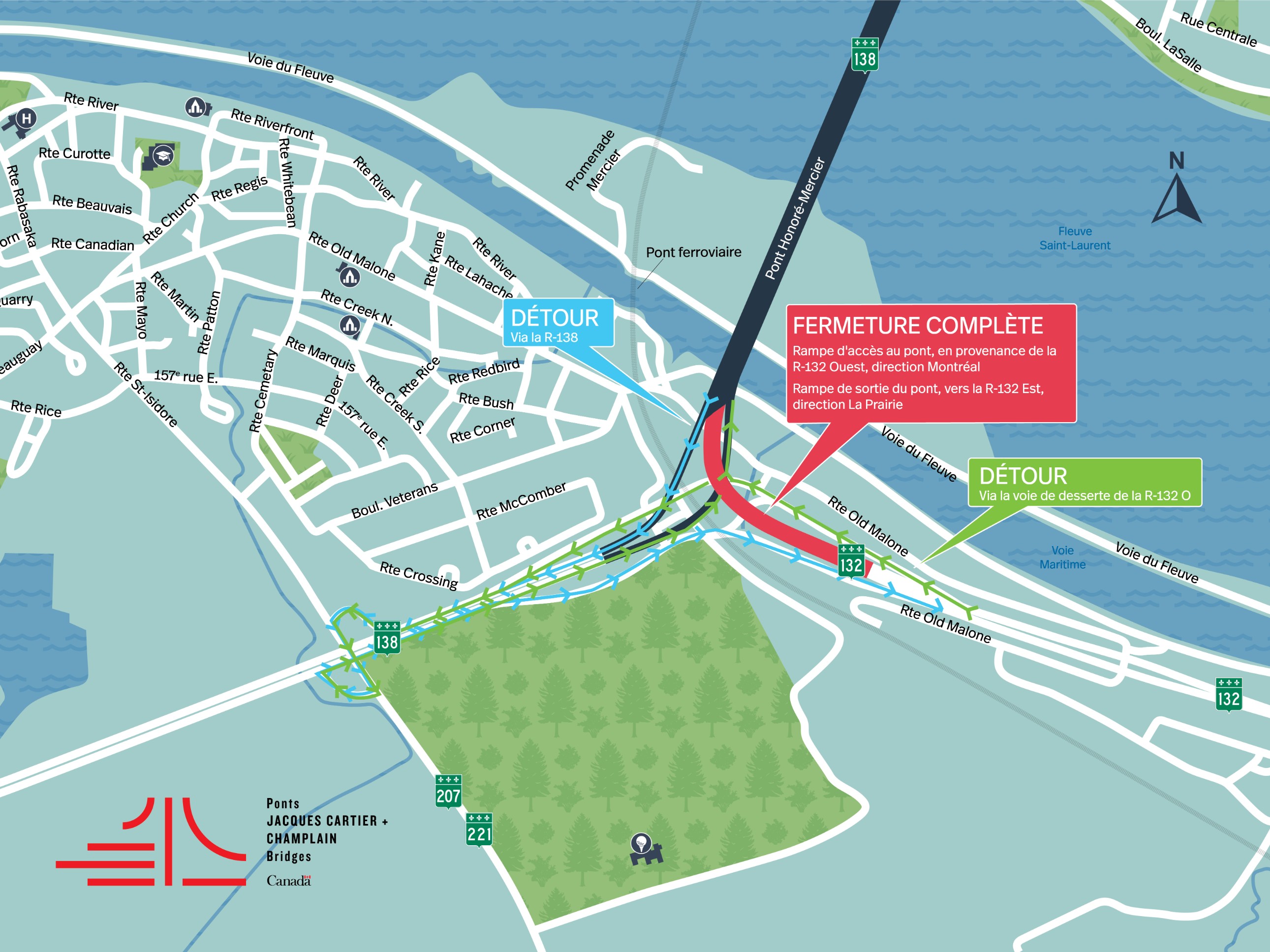 Pont Honoré-Mercier | Fermeture complète de nuit des rampes d'accès de la R-132, le 12 février