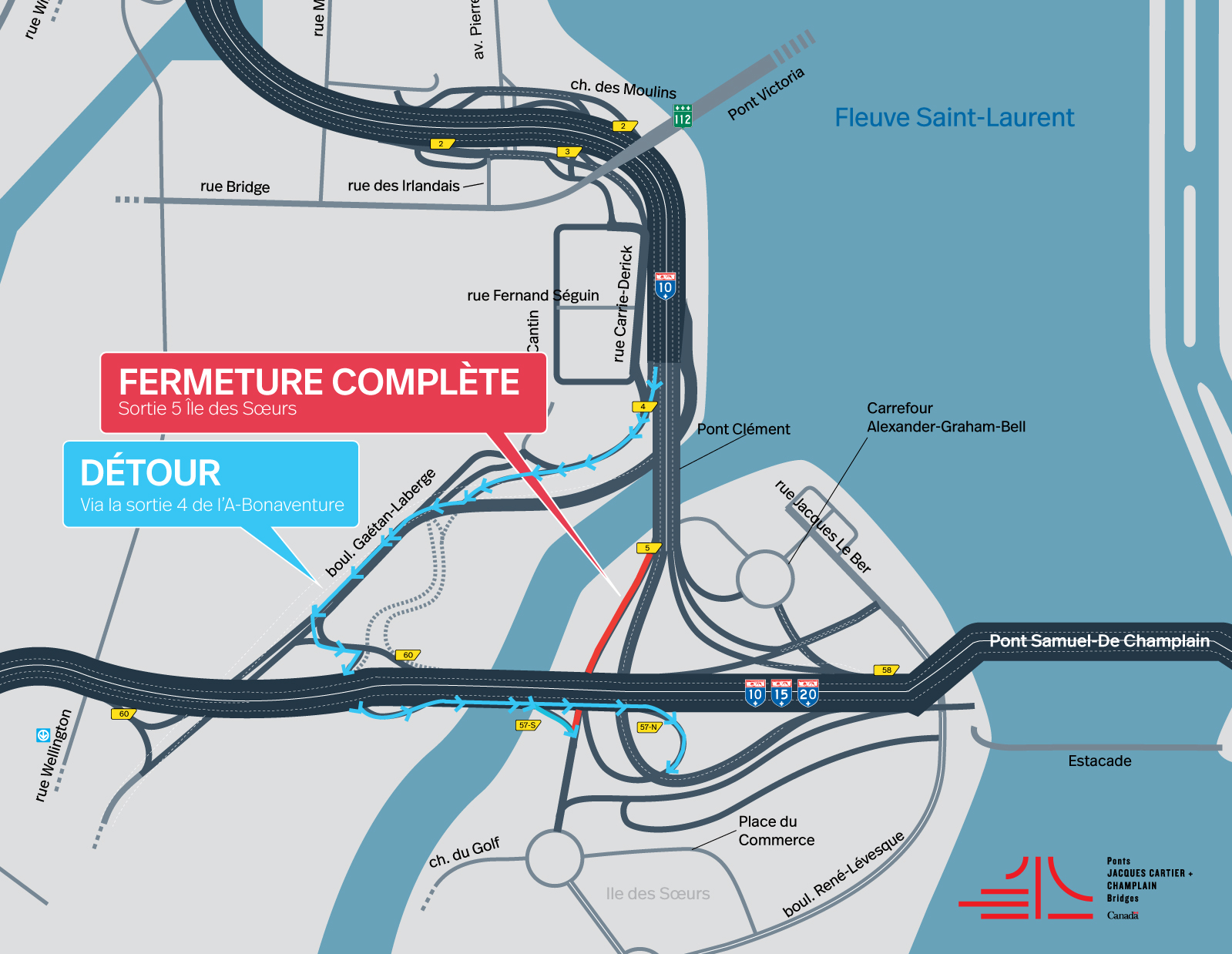 A-Bonaventure | Fermeture de la sortie 5 (Île des Soeurs) du 27 mars jusqu'à début juin
