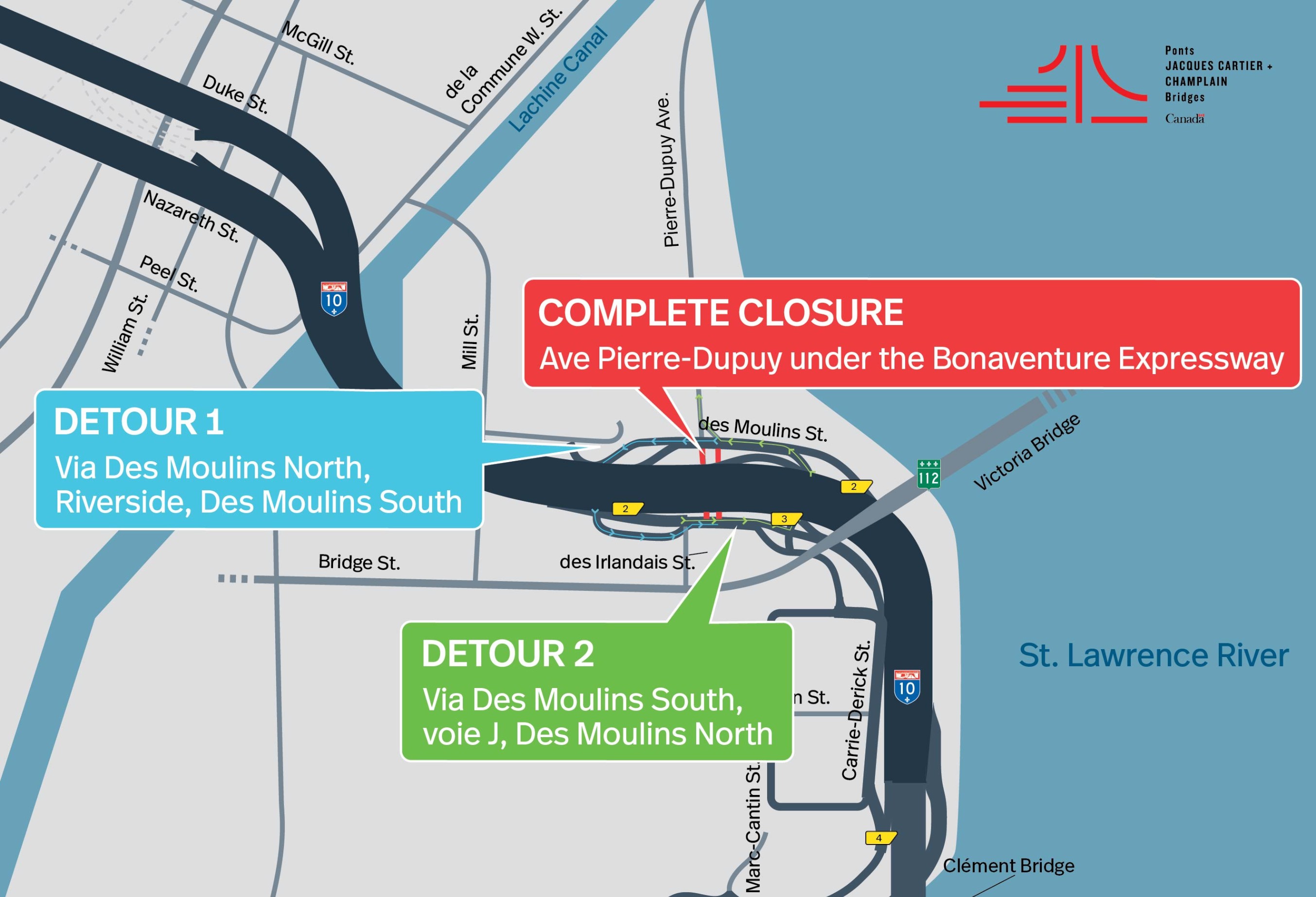 Bonaventure Expy. | Closure of 2 lanes out of 3 toward Samuel-De Champlain Bridge, from May 8 to 9