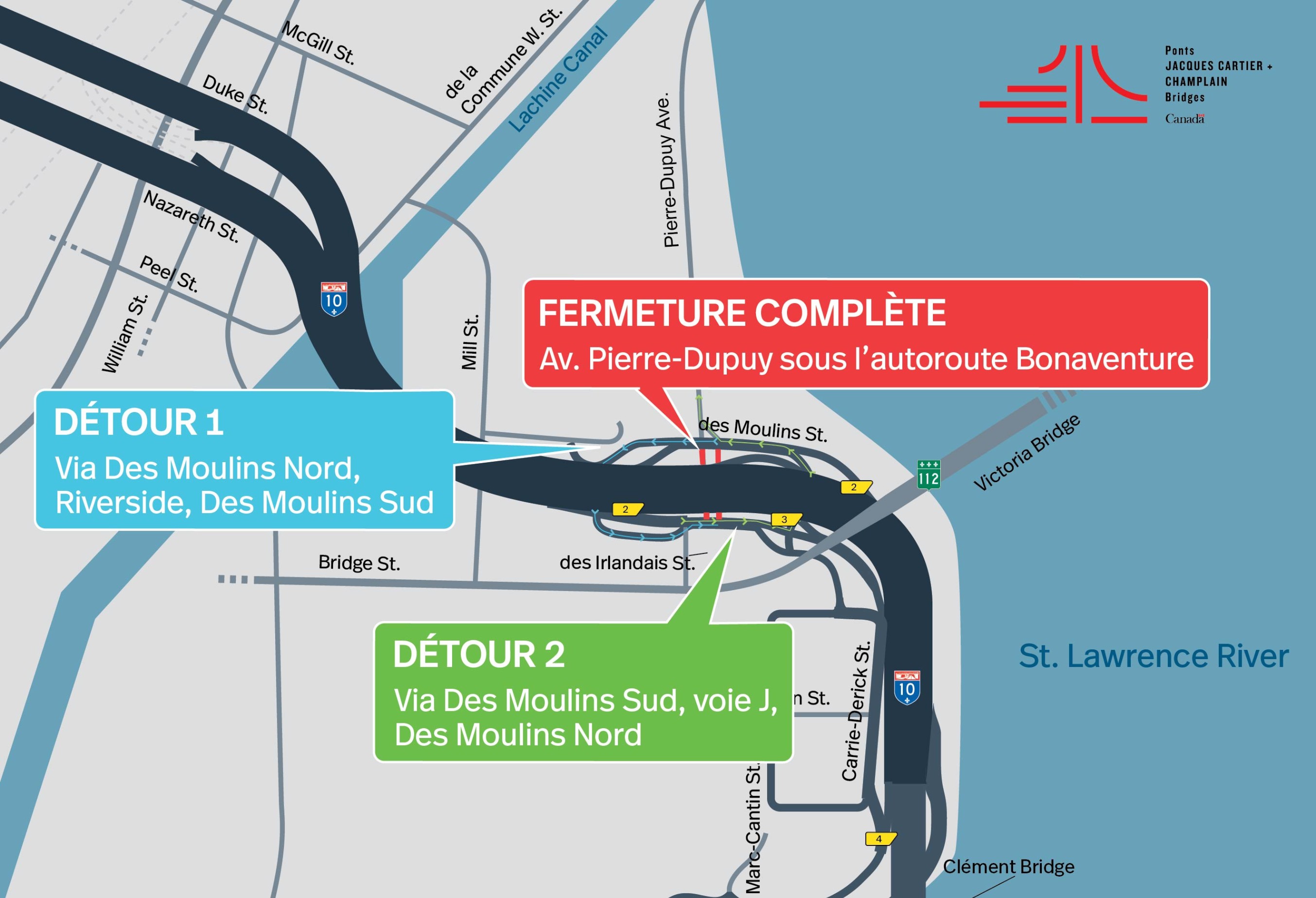 A-Bonaventure | Fermeture de 2 voies sur 3 en direction du pont Samuel-De Champlain, du 8 au 9 mai