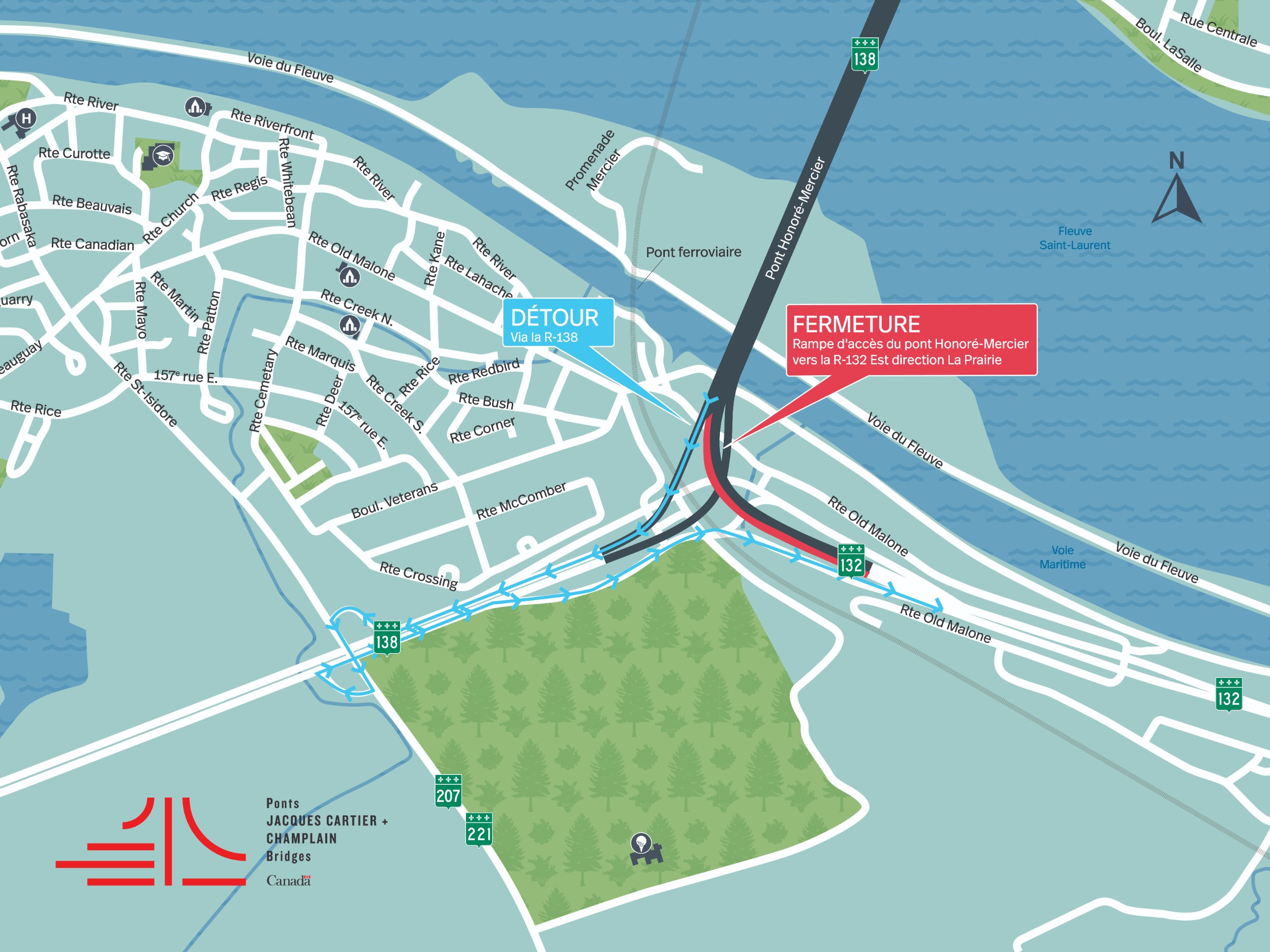 Pont Honoré-Mercier | Fermeture complète de nuit d'une rampe d’accès et d'une rampe de sortie le 19 juin