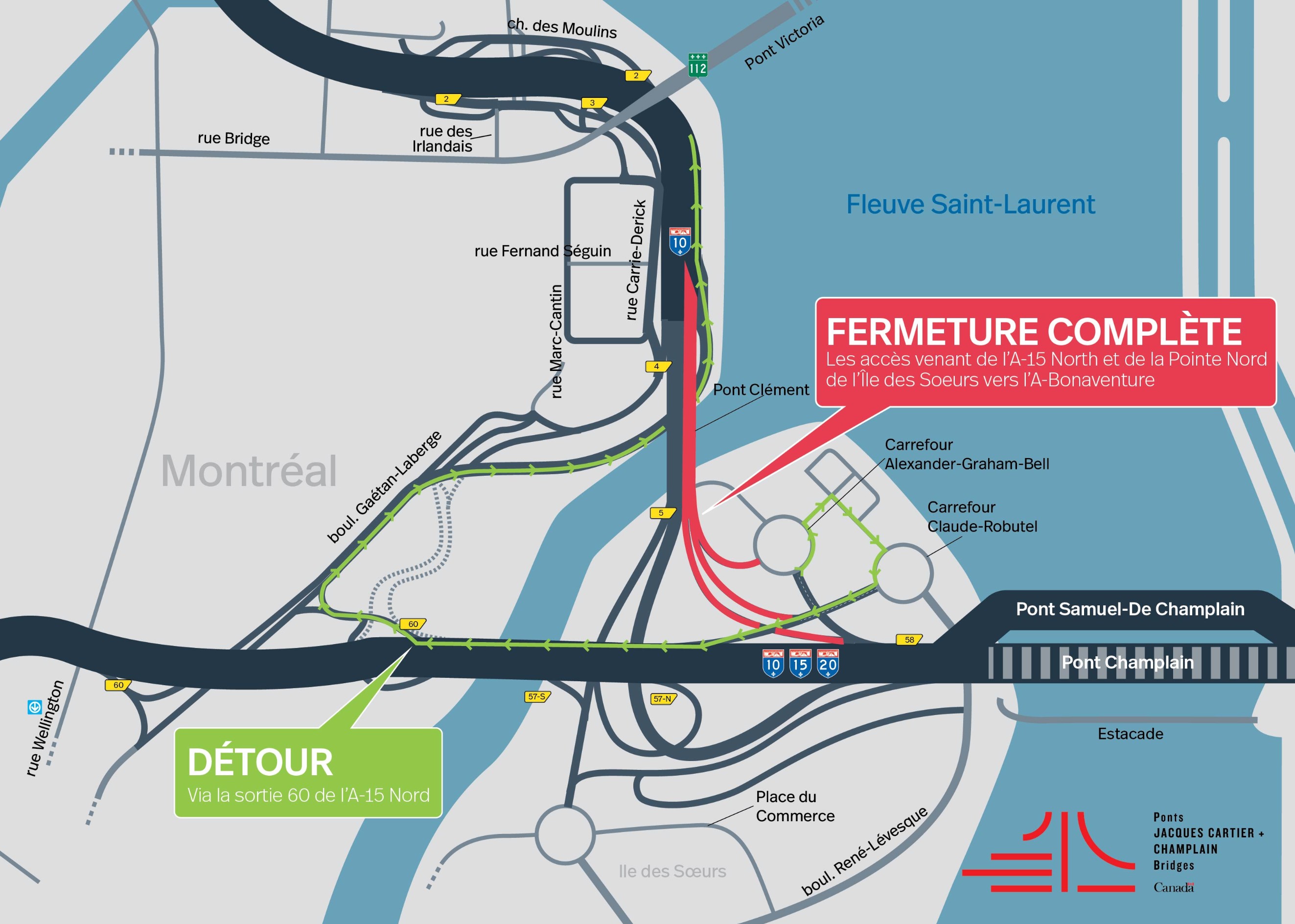 A-Bonaventure - secteur Île des Soeurs | Fermeture de nuit de l'autoroute en direction du centre-ville et du ch. de la pointe Nord+boul. Île des Soeurs, les 16 et 17 juin