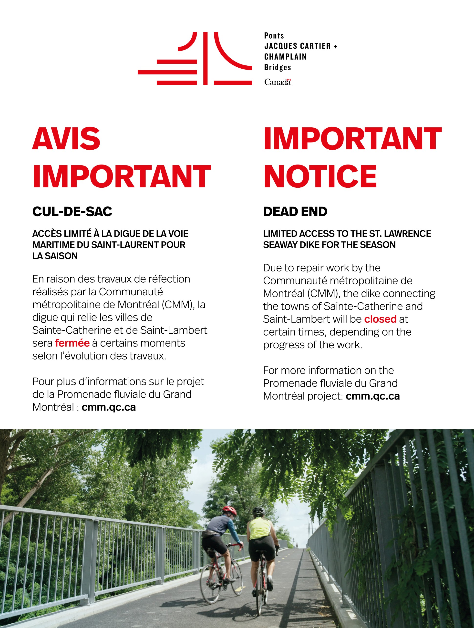 Estacade | Phase changing for the limited access to the St. Lawrence Seaway dike bicycle path, from Augut 4 until December 2025