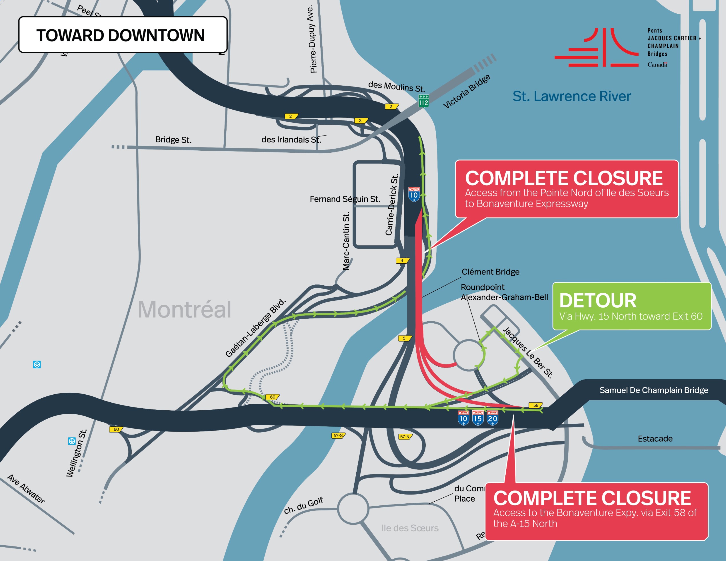 Bonaventure Expy. | Complete night closure of the access to the Expy., toward downtown, on November 28