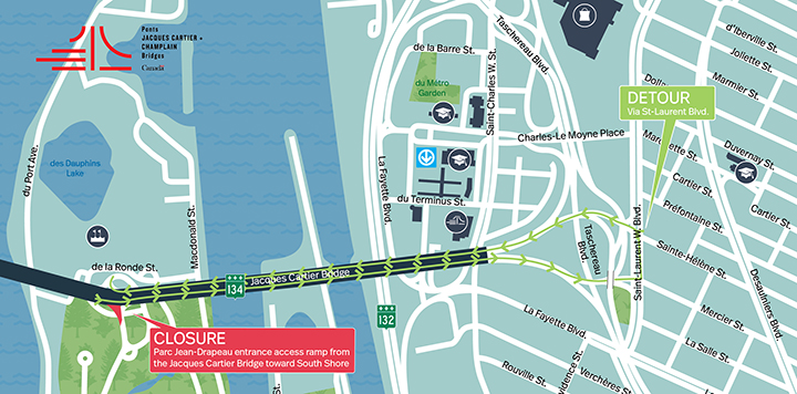 Jacques Cartier Bridge | Complete night closure of the Parc Jean-Drapeau ramp toward South Shore, on April 23, 24 and 25