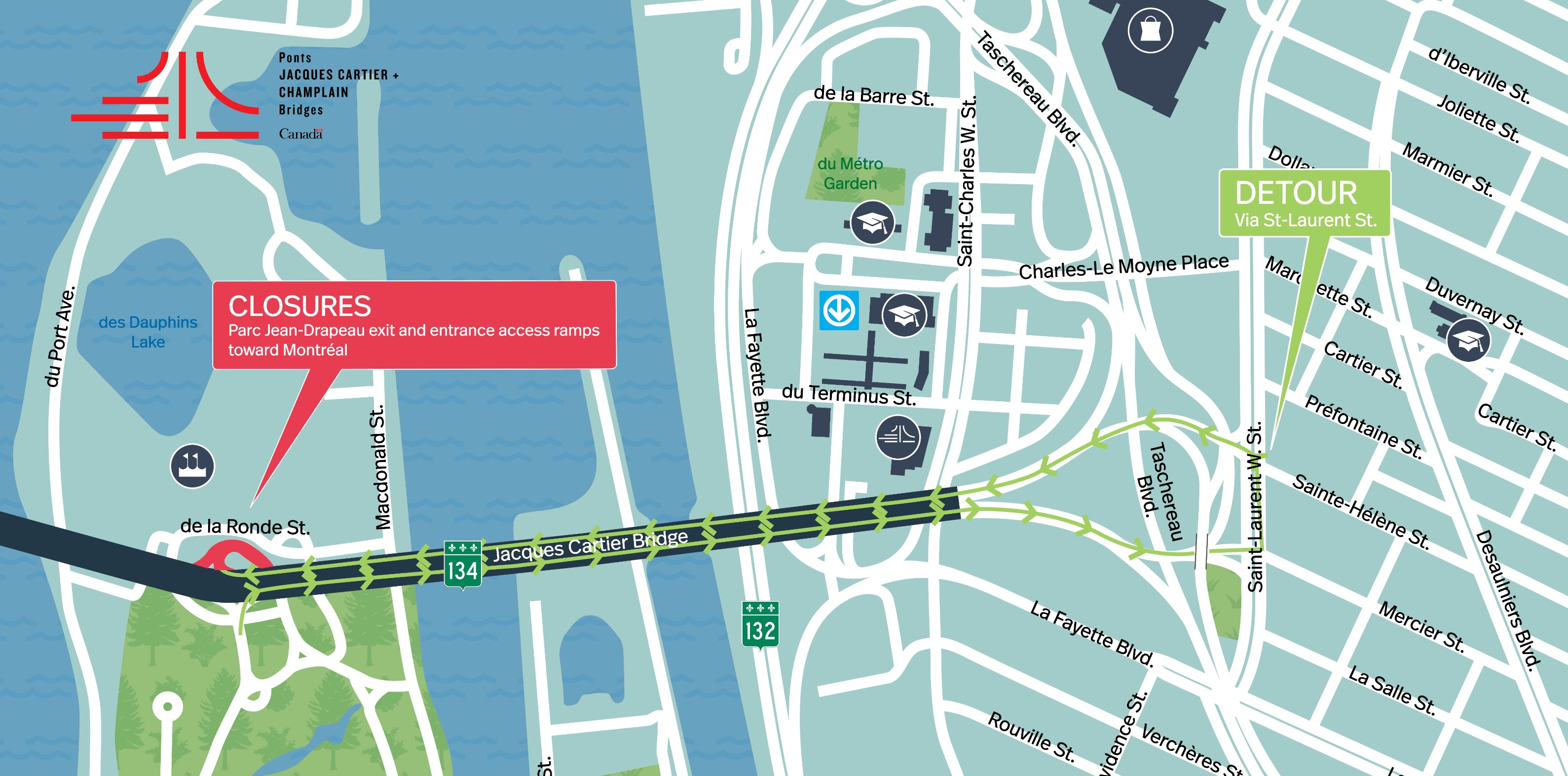 Pont Jacques-Cartier | Fermeture complète de nuit de la bretelle du parc Jean-Drapeau en direction Montréal les 27, 28 et 29 avril