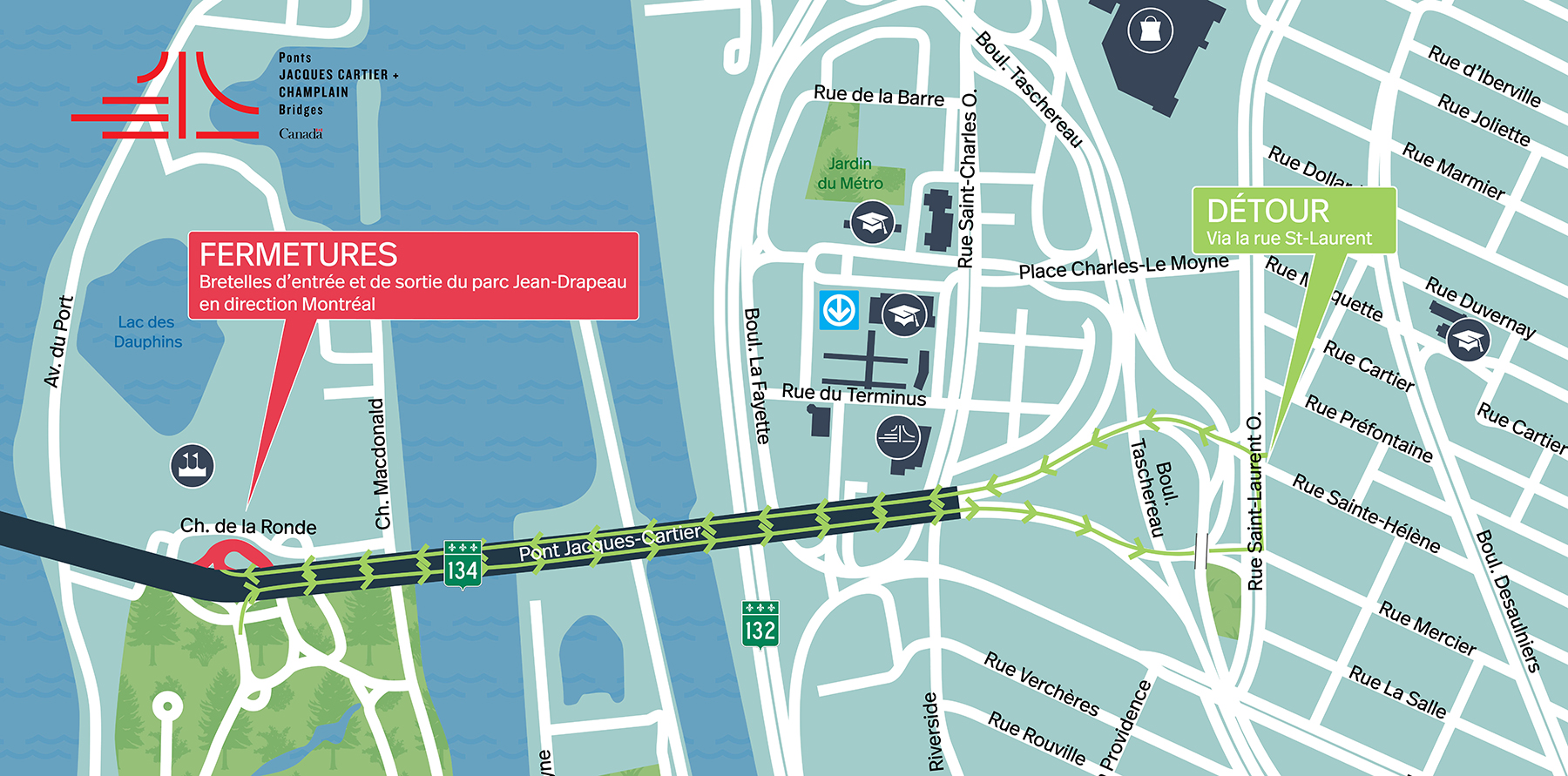 Jacques Cartier Bridge | Complete night closure of the Parc Jean-Drapeau ramp toward Montreal on April 27, 28 and 29