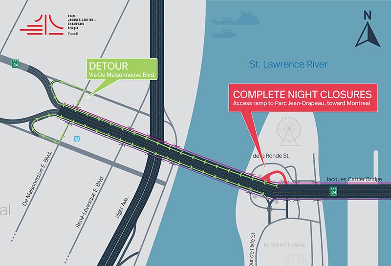 Pont Jacques-Cartier | Fermeture complète de nuit de la bretelle du parc Jean-Drapeau en direction Montréal les 27, 28 et 29 avril