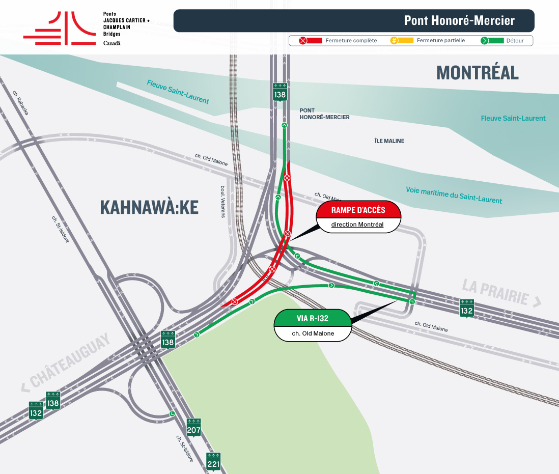 Pont Honoré-Mercier | Fermeture de nuit de la rampe d’accès de la R-138 Est direction Montréal, le 1 mai et de la rampe de sortie direction Châteauguay, le 2 mai