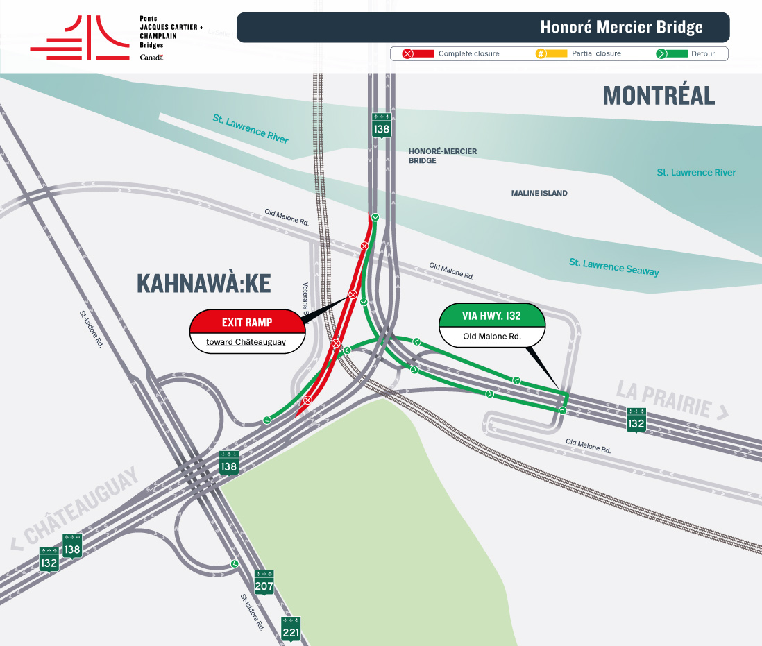 Honoré Mercier Bridge | Night closure of an exit ramp toward Châteauguay, on May 18