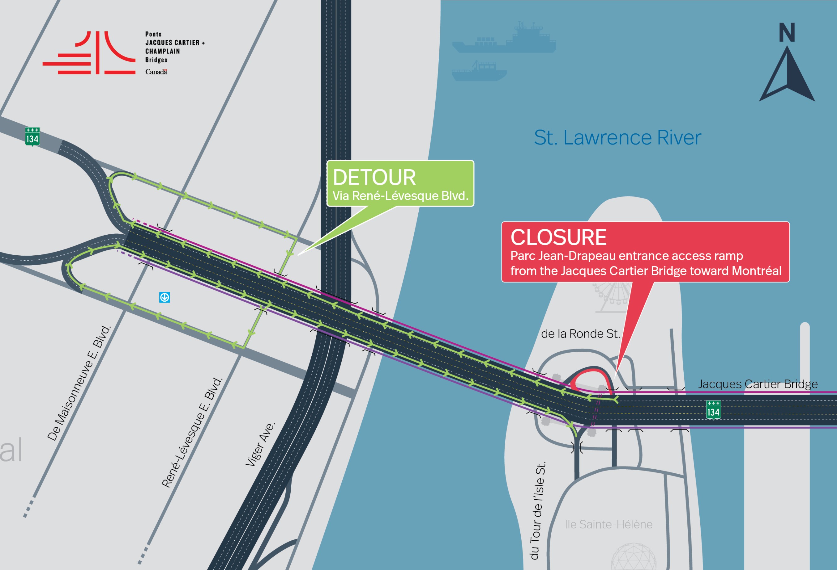Jacques Cartier Bridge | Complete night closure of the Parc Jean-Drapeau access ramps on May, 25 and 26