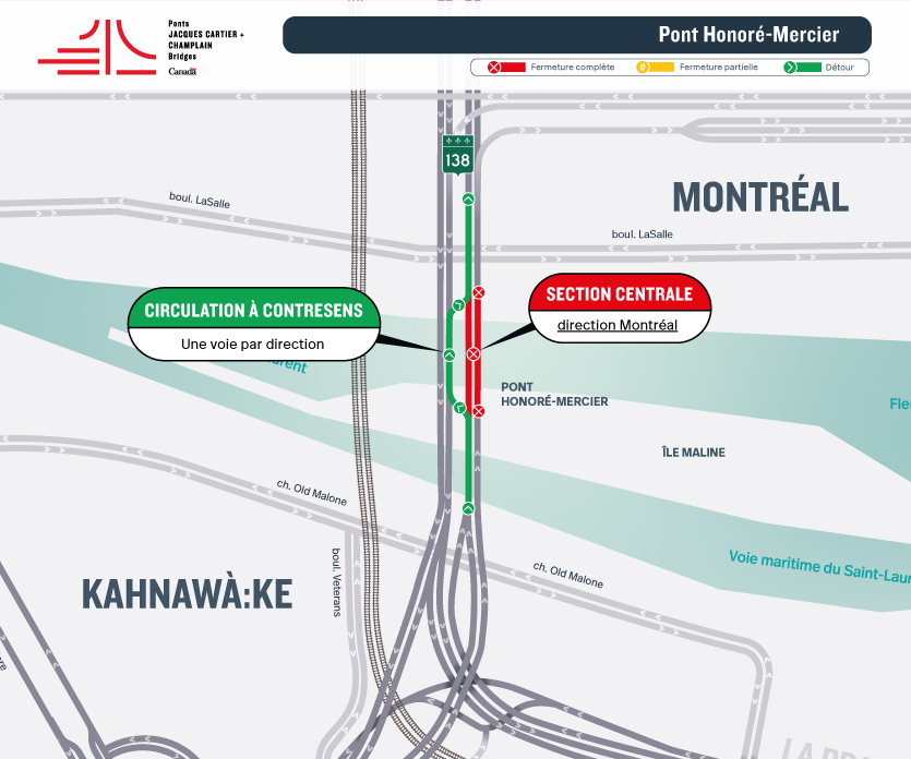 RAPPEL ET MISE À JOUR : Pont Honoré-Mercier | Circulation à contresens sur la partie centrale du pont du 6 au 8 juin