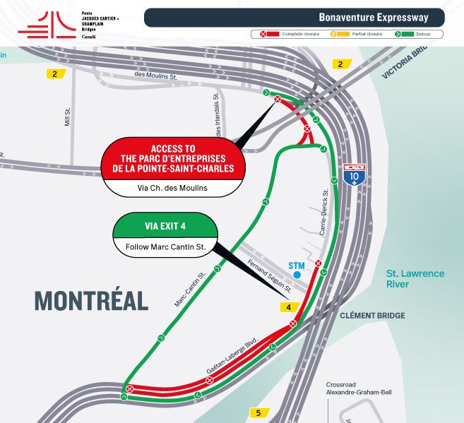 Bonaventure Expy. | Permanent closure of the access to the Parc d'entreprises de la Pointe-Saint-Charles as of June 8, and of the access ramp to the Expressway toward Samuel De Champlain Bridge during the night of June 7
