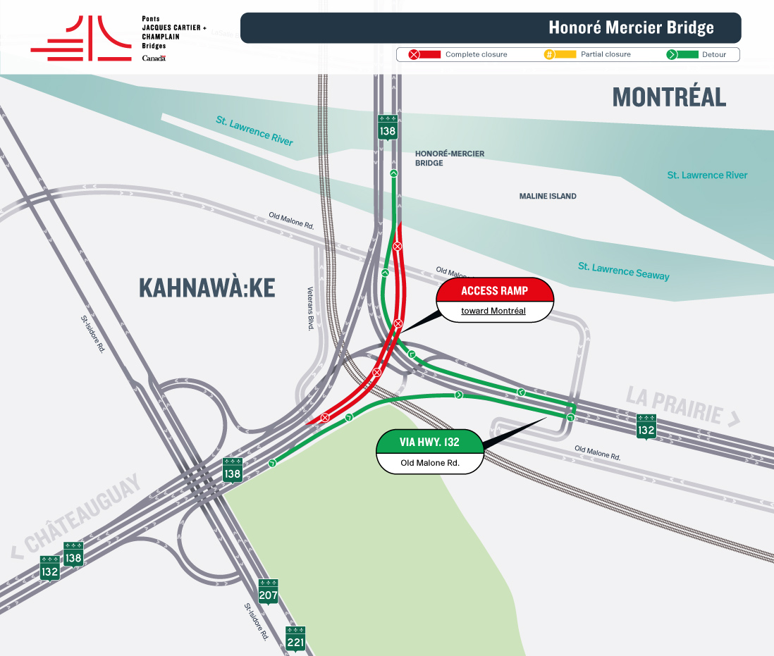 Honoré Mercier Bridge | Night closure of Hwy. 138 East access ramp toward Montréal, on June 8 and 9, and of the exit ramp toward La Prairie, on June 8