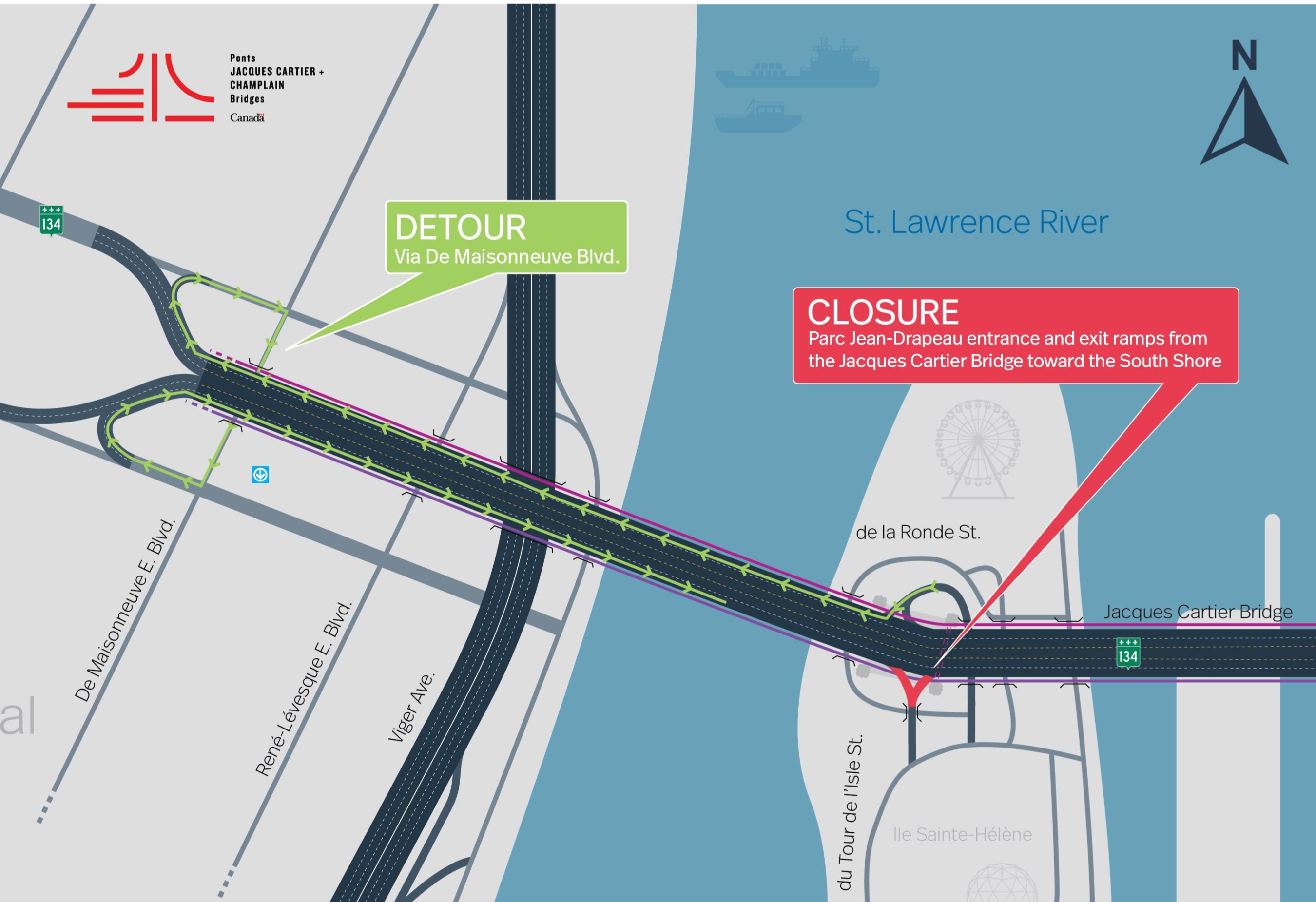 Jacques Cartier Bridge | Complete night closure of the Parc Jean-Drapeau ramp toward South Shore, on July 1