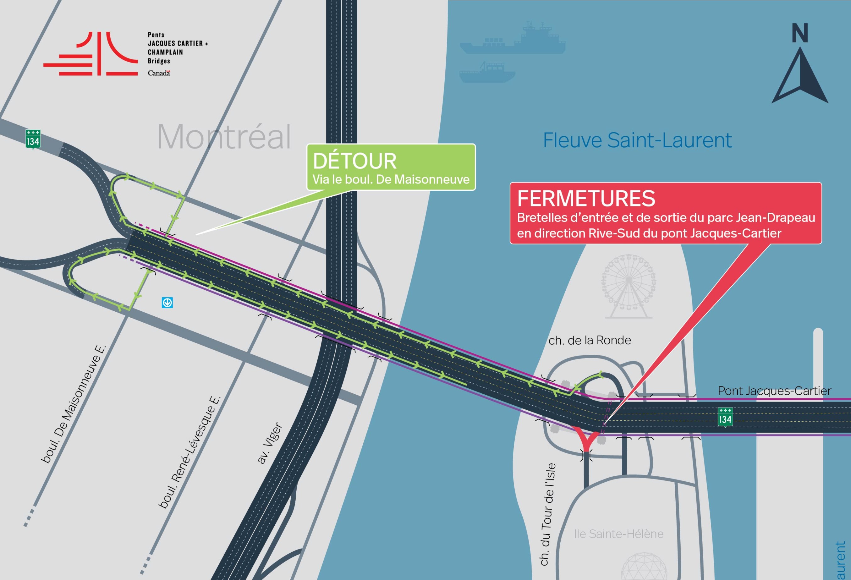 Pont Jacques-Cartier | Fermeture complète de nuit de la bretelle du parc Jean-Drapeau en direction Rive-Sud le 1er juillet