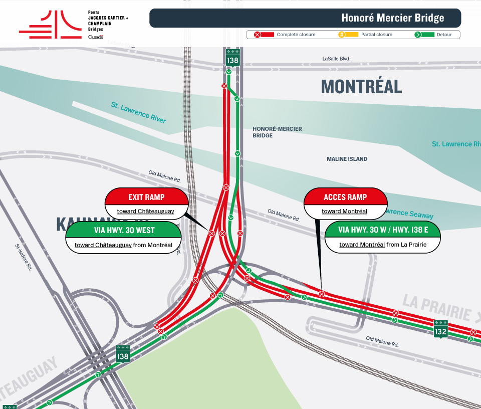 Honoré Mercier Bridge - AVOID THE AREA | Major work blitz - Closure of several access and exit ramps from July 25 to 27