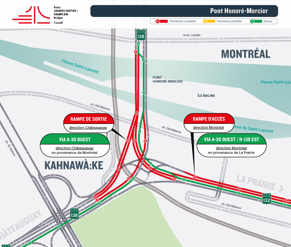 Pont Honoré-Mercier - ÉVITEZ LE SECTEUR | Blitz de travaux majeur - Fermeture de plusieurs rampes d'accès et de sortie du 25 au 27 juillet
