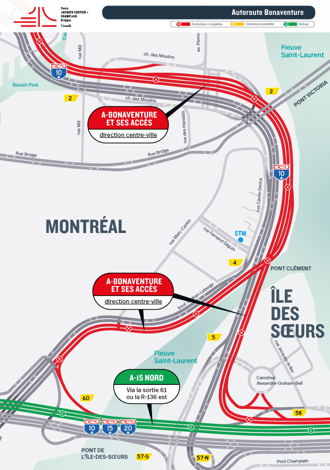 MISE À JOUR - A-Bonaventure | Fermetures de jour de l'autoroute, direction centre-ville, du 19 au 22 septembre (mondiaux de cyclisme) et des sorties 58 et 60 de l'A-15 N.