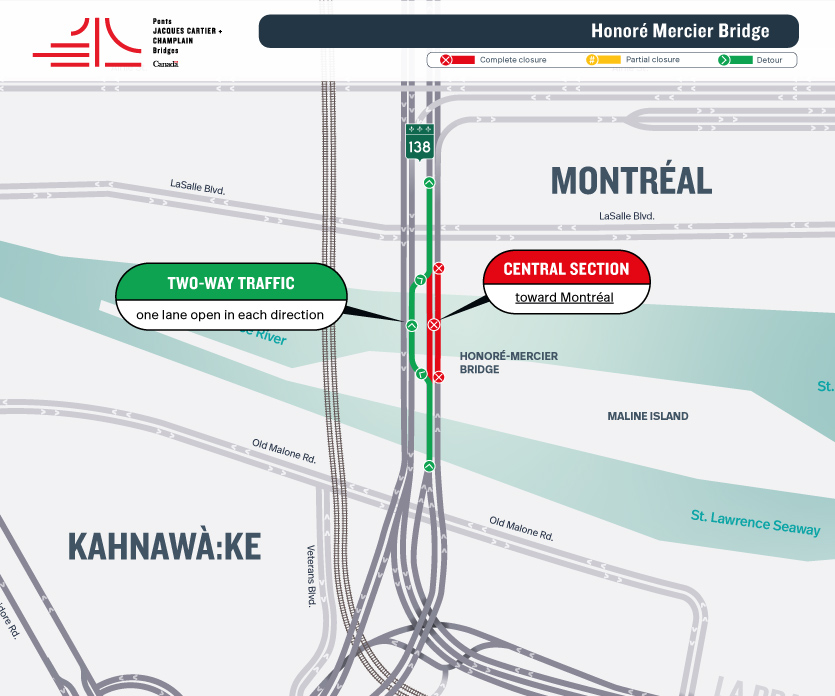 Honoré Mercier Bridge | One lane open against-traffic on the central section of the bridge from October 17 to 19 (Work by the Ministère des Transports et de la Mobilité durable)