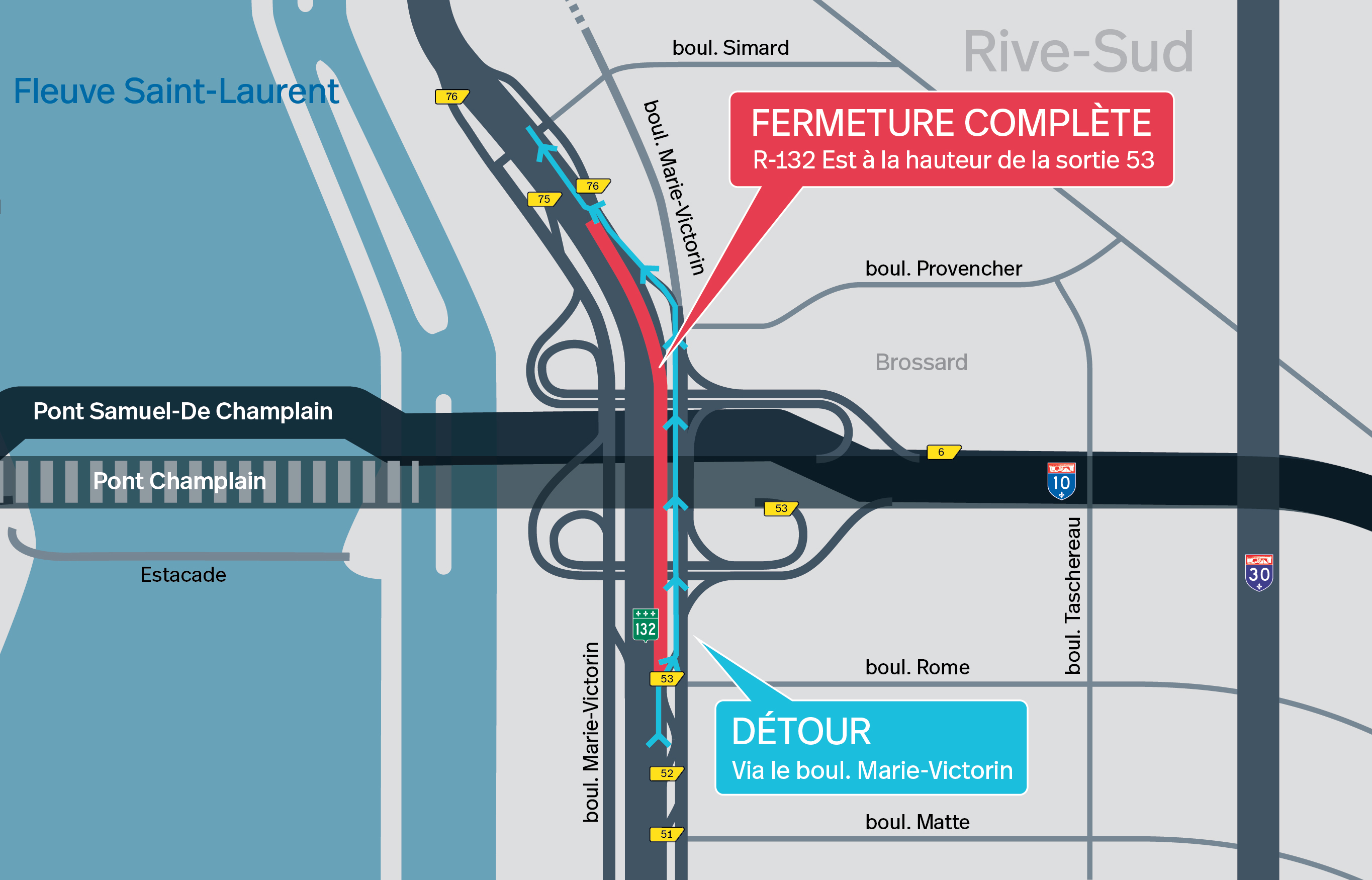 Secteur Brossard | Fermeture complète de nuit de la R-132 Est, sous le pont Champlain d'origine, le 20 avril