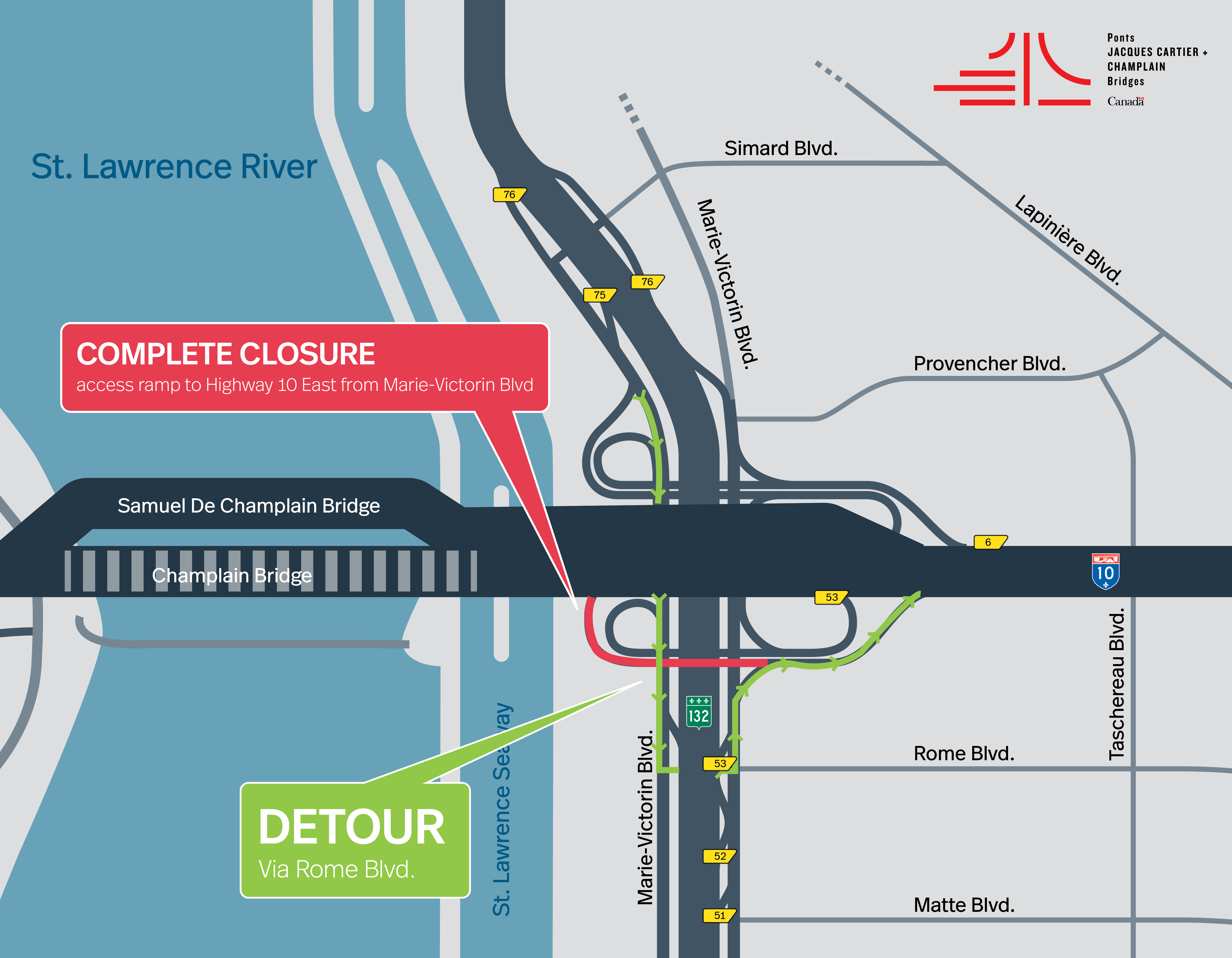 Brossard Sector | Complete closure of the access ramp from Blvd. Marie-Victorin West to Hwy. 10 East, on September 5