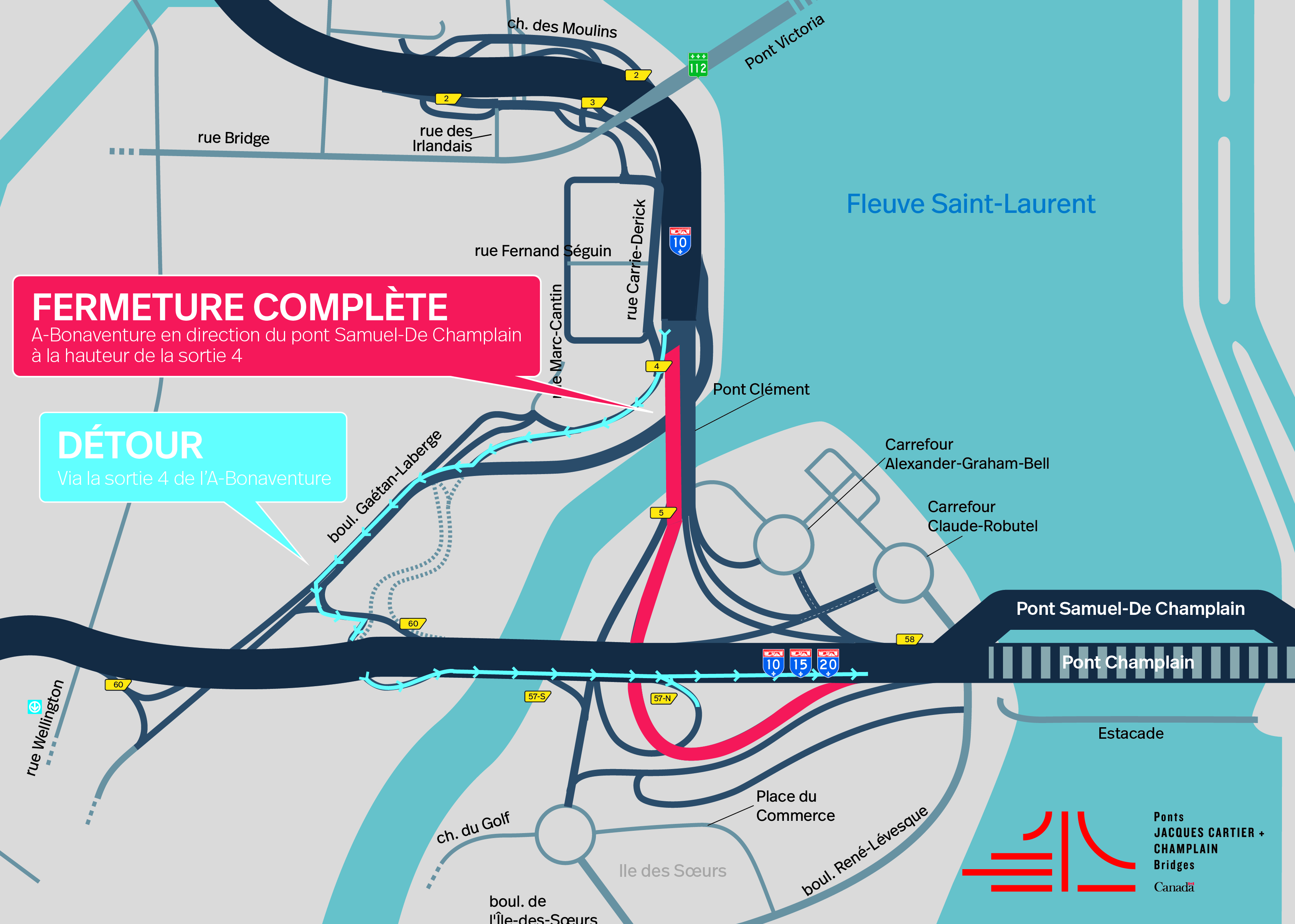 A-Bonaventure | Fermeture complète de nuit de l'autoroute, en direction du pont Samuel-De Champlain, le 6 septembre