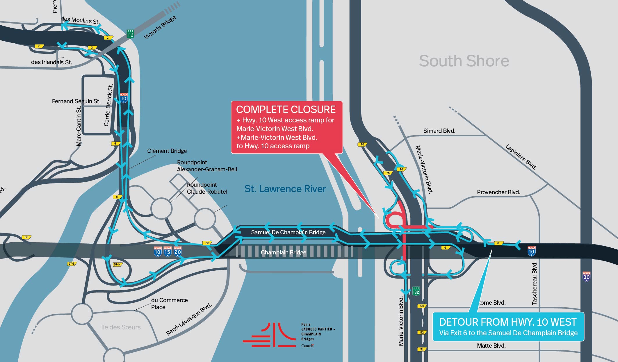 Brossard Sector | Complete closure of Marie-Victorin Blvd. West and from the Hwy. 10 West access ramp toward Blvd. Marie-Victorin West, on September 14