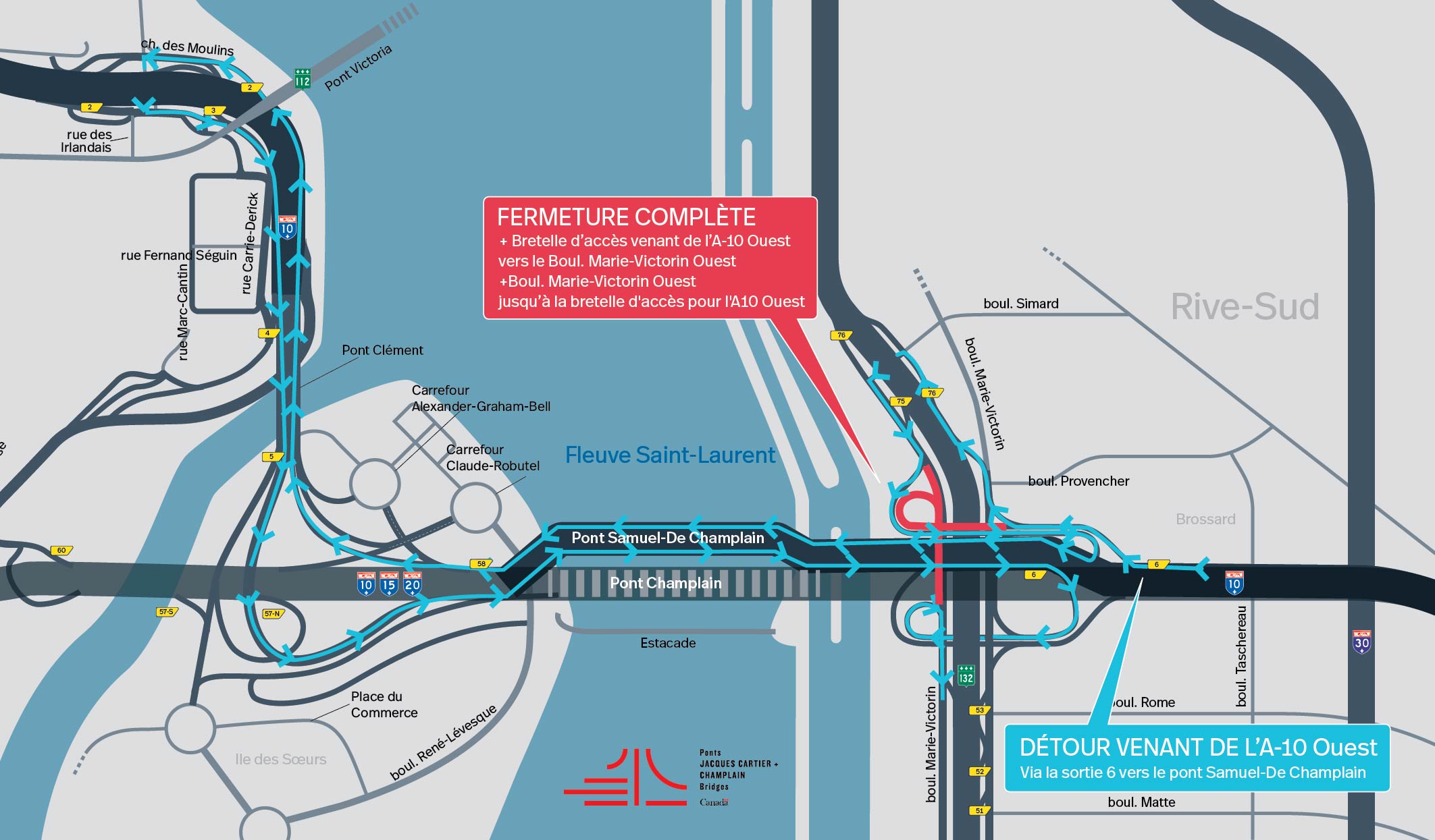 Secteur Brossard | Fermeture complète du boul. Marie-Victorin Ouest et de la bretelle d'accès de l'A-10 Ouest vers le boul. Marie-Victorin Ouest, le 14 septembre