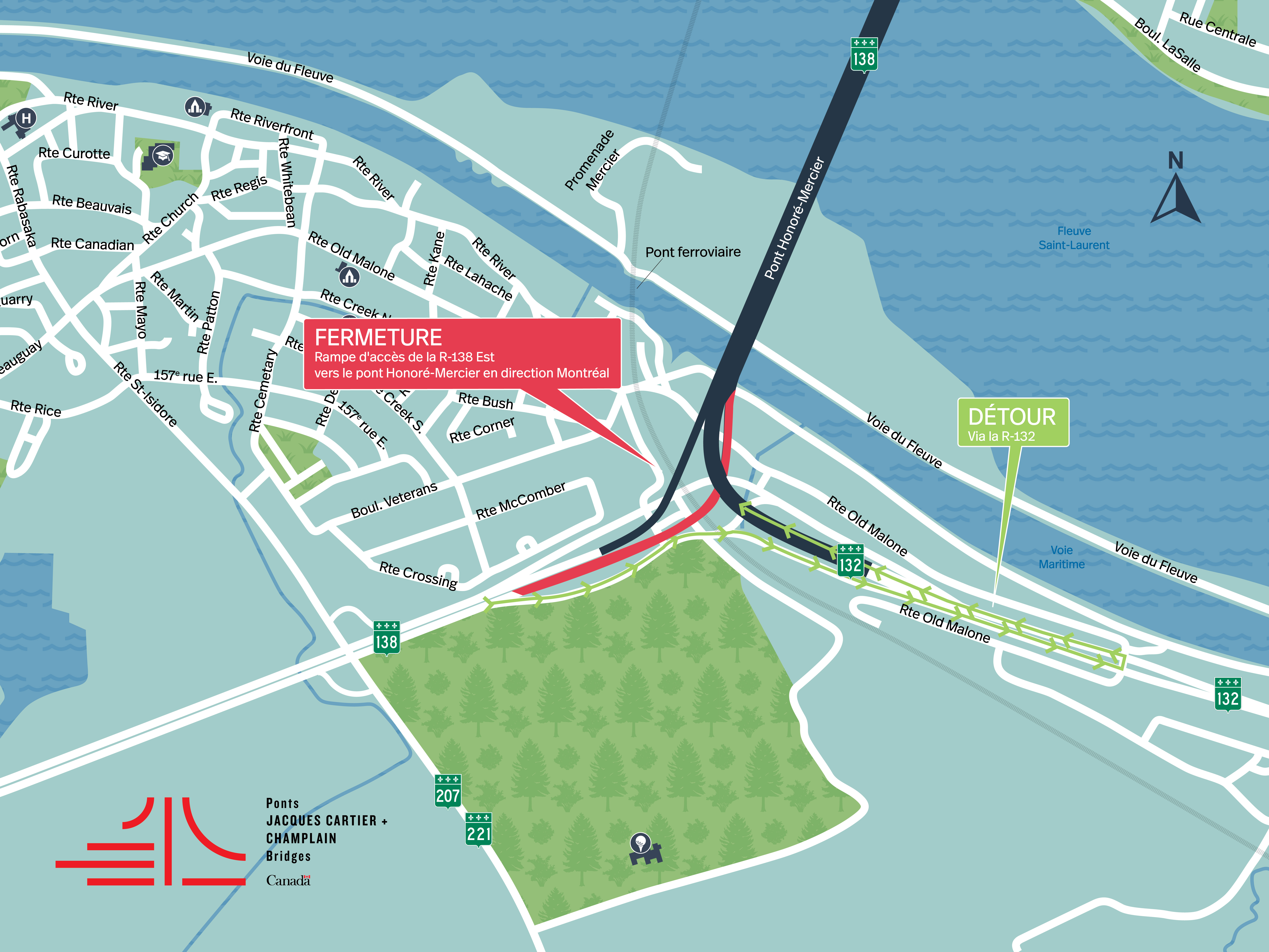 ANNULÉ |  Pont Honoré-Mercier | Fermeture complète de nuit de la rampe d’accès de la R-138 Est en direction Montréal, le 21 février