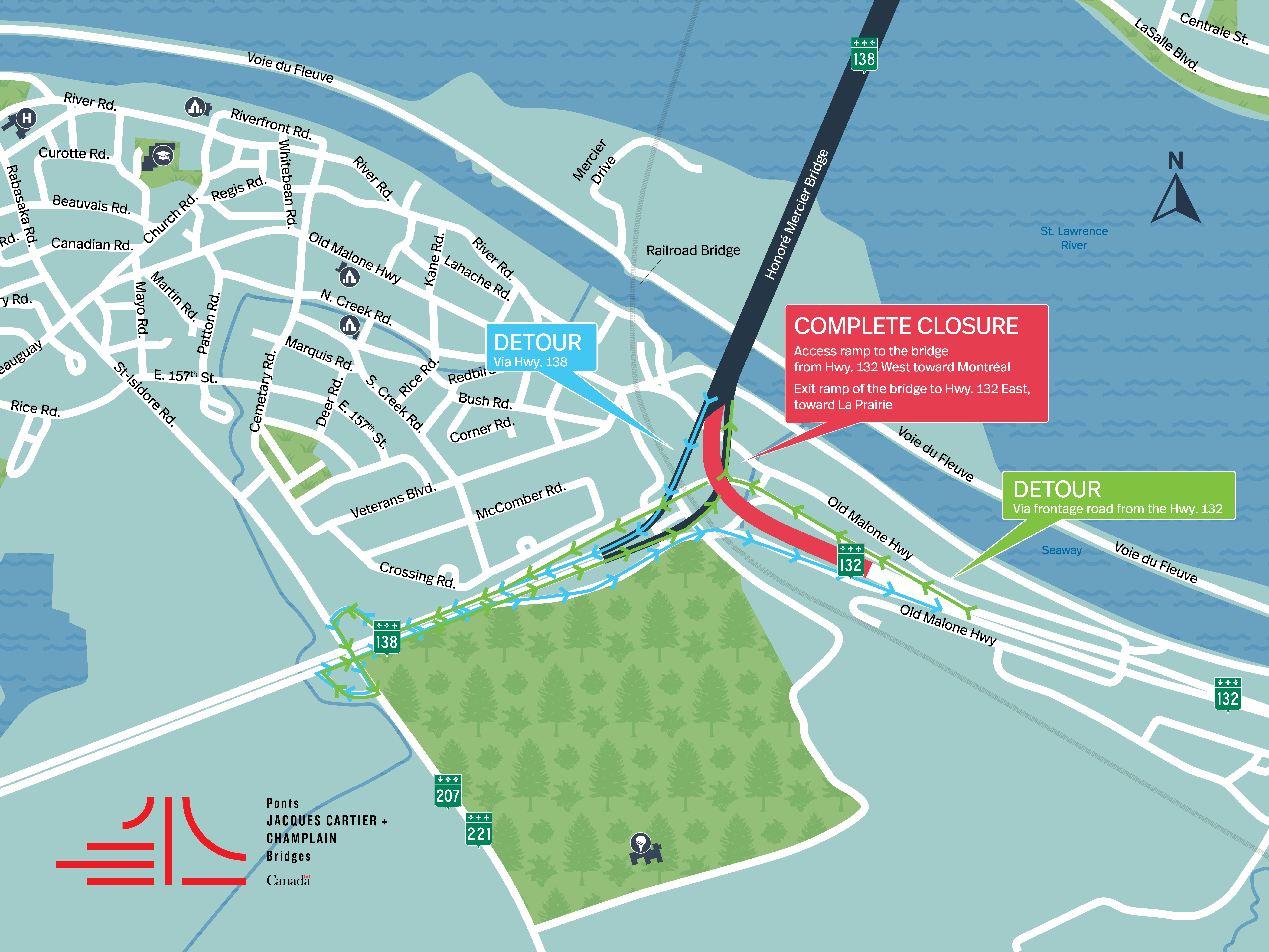 CANCELED - Honoré Mercier Bridge | Complete night closure of the access ramps from the Hwy. 132 West, toward Montréal, and the Hwy. 132 East, toward La Prairie, on March 23